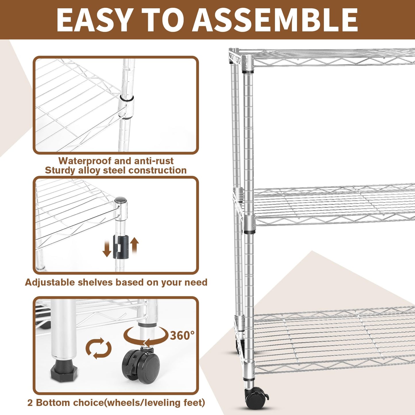 Whitmor 3 Tier Storage Shelving, Heavy Duty with Wheels, Adjustable Steel Organizer, 400 lbs