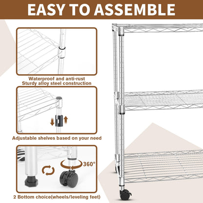 Whitmor 3 Tier Storage Shelving, Heavy Duty with Wheels, Adjustable Steel Organizer, 400 lbs