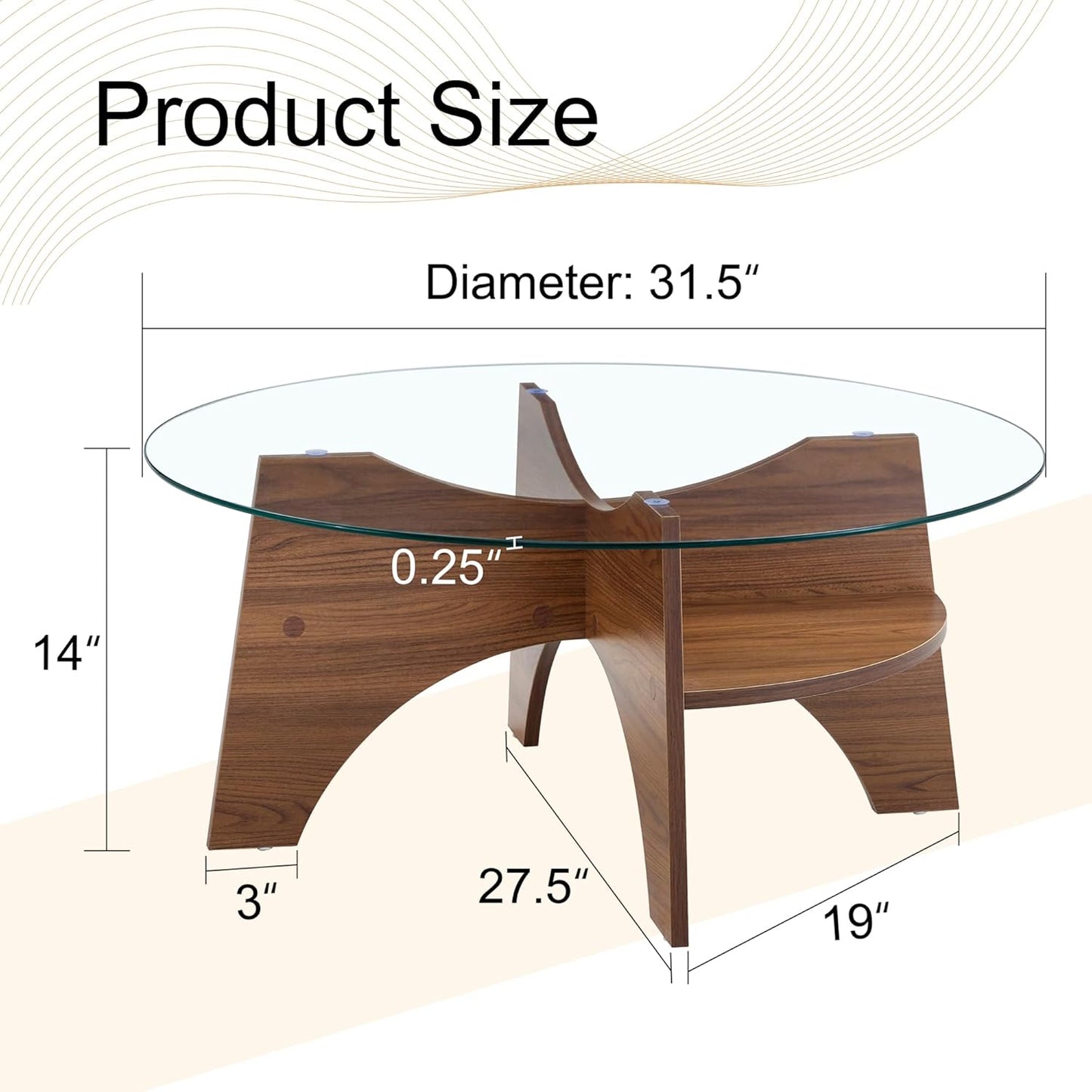 31.5" Round Glass Coffee Table with Tempered Glass Top and MDF Base, Diagonal Fan-Shaped Tray Design Table Leg Simple & Modern Center Table for Living Room Office Apartment Walnut