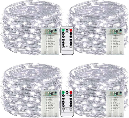4-Pack Fairy Lights Battery Operated with Remote & Timer & 8 Modes, Waterproof 16 FT 50 LED String Lights Outdoor Indoor, Battery Twinkle Lights for Christmas Bedroom Centerpiece Décor (Cool White)