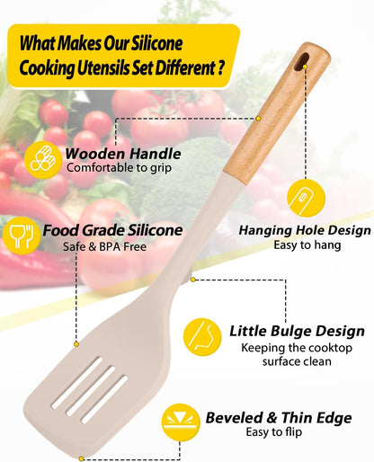 Pack of 4 Silicone Kitchen Utensils Set, Non Stick Solid Spatulas and Heat Resistant Slotted Spoons with Wooden Handle, Ideal BPA Free Cooking Utensils for Mixing,Serving,Turning,Stirring(KHAKI)