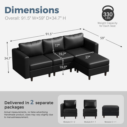 91.5" Faux Leather Modular Sectional Sofa, L Shaped Couch Set for Living Room, 3-Seater Comfy Cloud Couches with Movable Storage Ottoman,DIY Combination - Black
