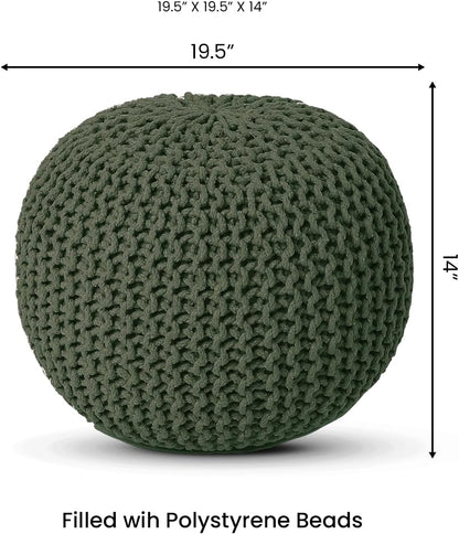 REDEARTH Round Hand Knitted Pouf - Foot Stool Bean Bag Ottoman - Cord Boho Pouffe - Poof Accent Beanbag Footrest for Living Room - Bedroom - Patio - Lounge (19.5"x19.5"x14") - Olive