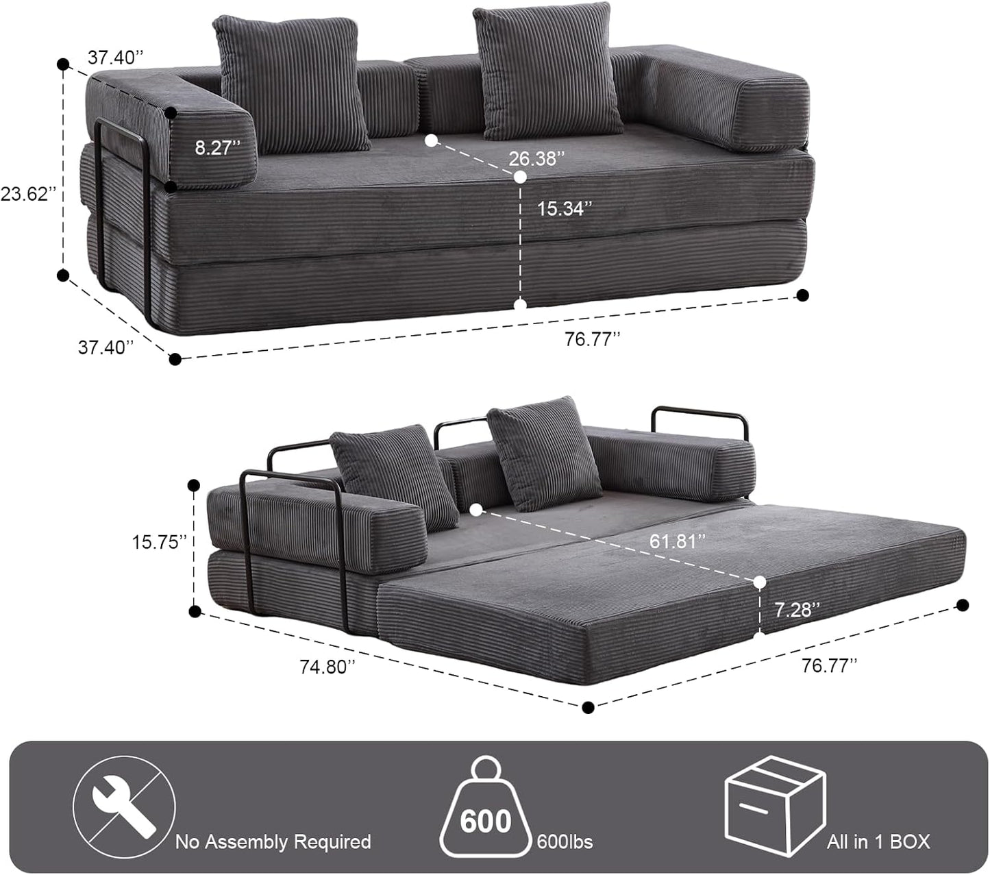Convertible Sleeper Sofa Bed, Compression Folding Sofa with Pillow, No Assembly Required, Shape Frame, Floor Sofas Lounge Couch for Living Room, Bedroom, Small Spaces(Corduroy, 77''W, Dark Grey)