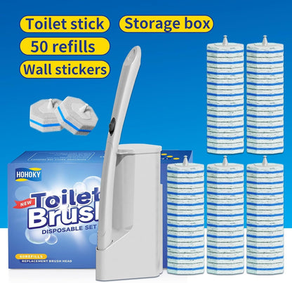 Disposable Toilet Brush Cleaning System with 50pcs Refills Pads Replacement Heads, Toilet Cleaning Stick, Wall Mounted Toliet Wand Kit Bathroom Maintenance, Toilet Bowl Cleaner Wands Holder and Set
