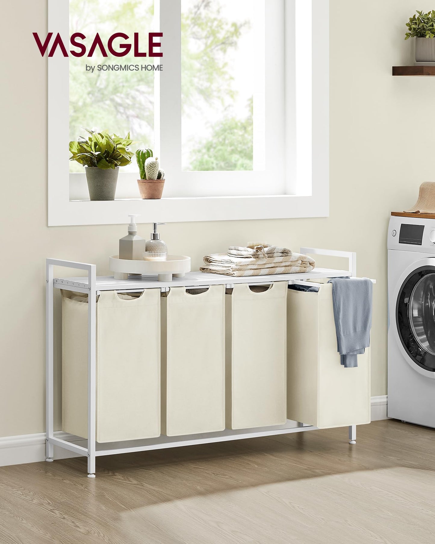 VASAGLE Laundry Hamper, Laundry Basket, Laundry Sorter with 4 Pull-Out and Removable Bags, Shelf