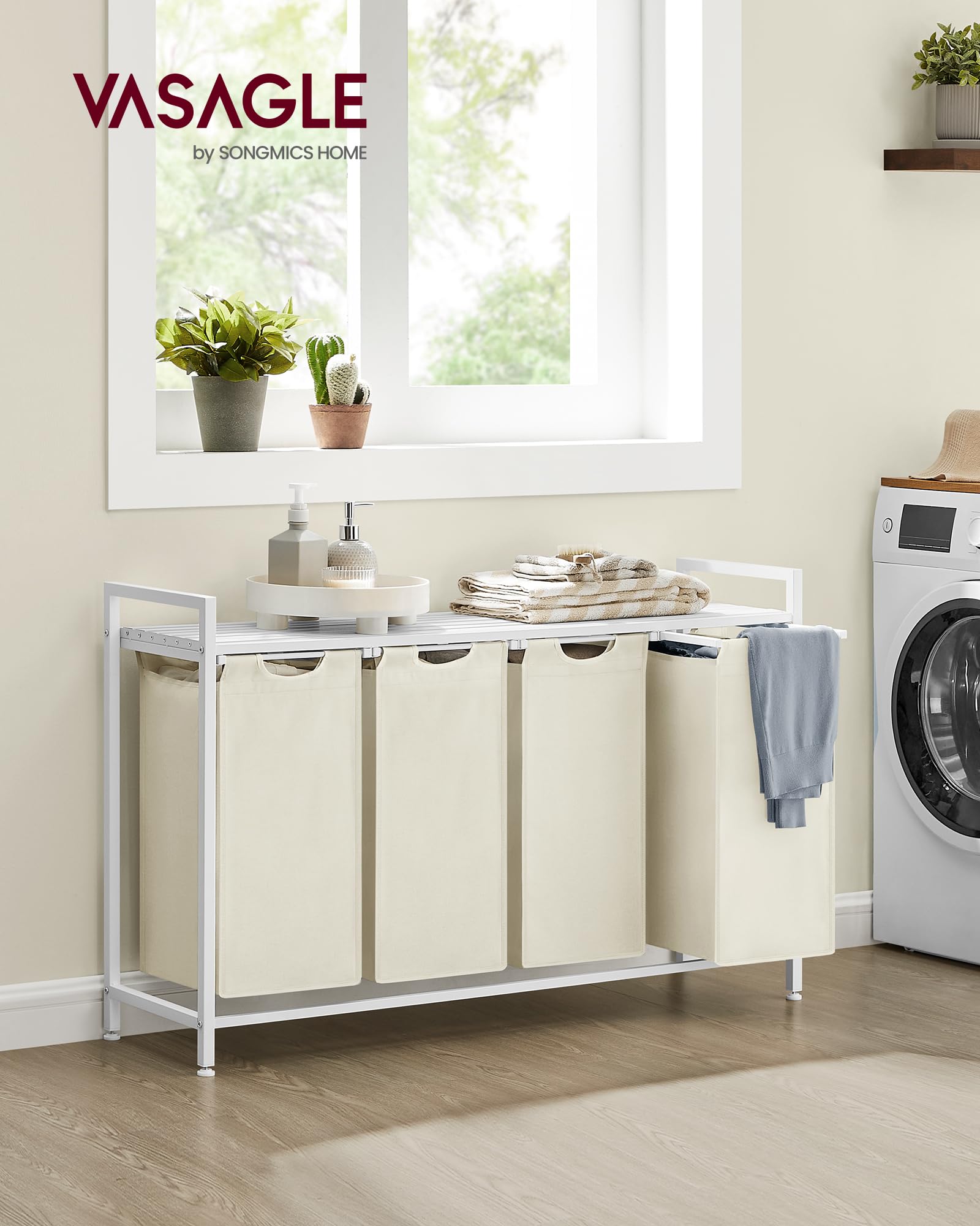 VASAGLE Laundry Hamper, Laundry Basket, Laundry Sorter with 4 Pull-Out and Removable Bags, Shelf