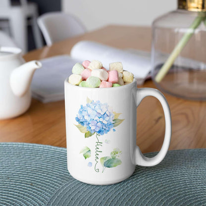 Custom Hydrangea Blossom Design Mug, Personalized Name Blue Flower Coffee Cup, Customized Flower Ceramic Mug For Floral Lover, Hydrangea Decorative Cup 11oz Or 15oz, Gift For Birthday