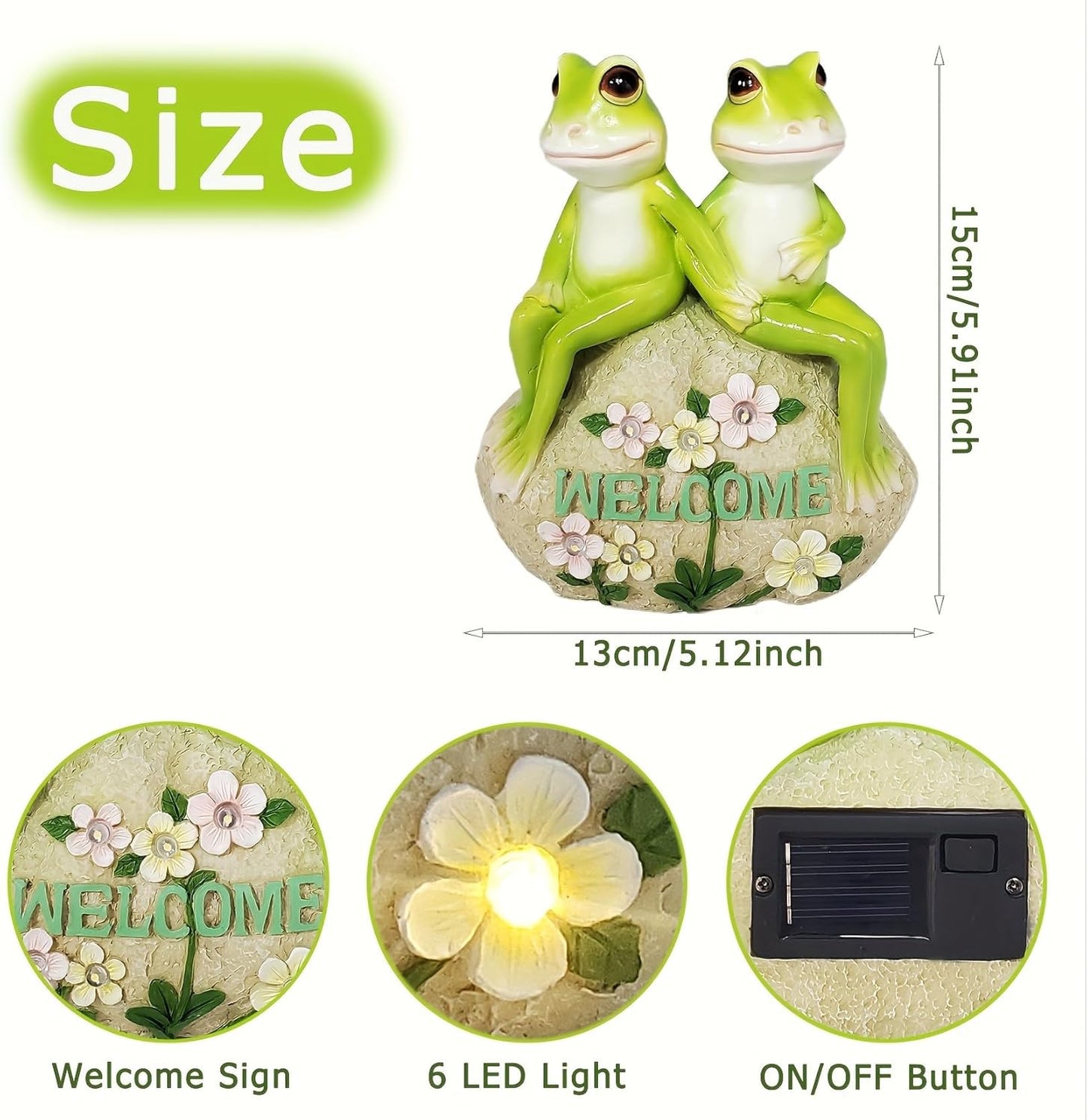 Solar Powered Frog Couple Statue with LED Lit Flowers Welcome Sign 7-Inch Tall Resin Garden Decor Romantic Ornament Gift for Porch Patio Housewarming Wedding Outdoor Decor