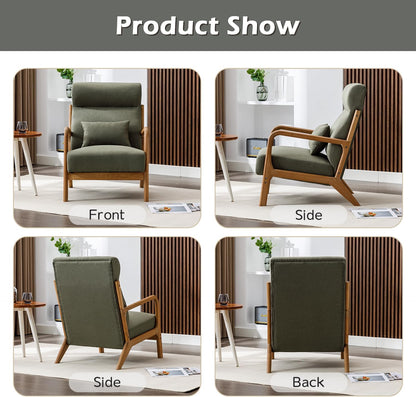 INZOY Mid Century Modern Accent Chair with High Back, Upholstered Living Room Chairs with Waist Cushion, Wood Frame Reading Armchair for Bedroom Sunroom, Green
