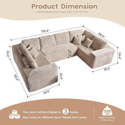 HOOOWOOO Cloud Sectional Couches for Living Room,Modular Sectional Sofa No Assembly,136X70 Inch Plush Corduroy Large U Shaped Floor Couch Set with Deep Seat(Beige)