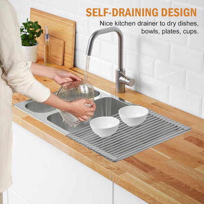 LEMIKKLE Roll Up Dish Drying Rack 17" x 13", Over The Sink Dish Drainer Rack, Foldable Sink Drying Rack, Anti-Slip Silicone Wrapped Dish Drainer for Kitchen Counter (Grey 17" x 13")