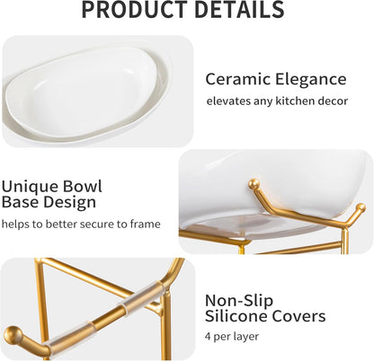 HBlife Fruit Bowl for Kitchen Counter - 2 Tier Fruit Basket with Metal Stand, Ceramic Fruit Holder for Fruit Vegetable Storage, Serving Platters Serving Trays for Party