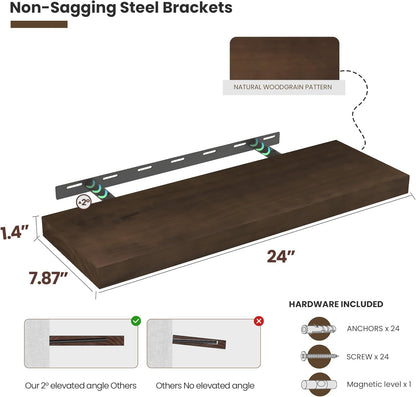 Wood Floating Shelves for Wall 24” x 8”x 1.4” Shelf Floating Rustic Farmhouse Decor, Heavy Duty Shelf Hold 60 lbs, Wall Shelves for Bathroom Living Room Kitchen Bedroom Office, 2 Packs Walnut