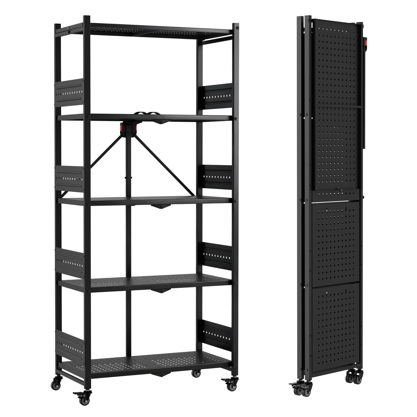 WORKPRO 5-Tier Folding Shelf, No-Assembly Metal Storage Rack with Wheels, 750 lbs Capacity (with