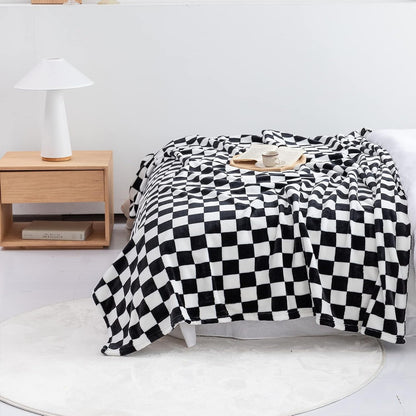 LOMAO Throw Blankets Flannel Blanket with Checkerboard Grid Pattern Soft Throw Blanket for Couch, Bed, Sofa Luxurious Warm and Cozy for All Seasons (Black, 90"x110")