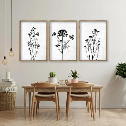 Flower Plant Wall Art Decor 16"x11" Set of 3 Black And White Botanical Painting Wood Framed For Minimalist Bedroom Office Rustic Living Room Abstract Wildflower Sign Hanging (Wood White)