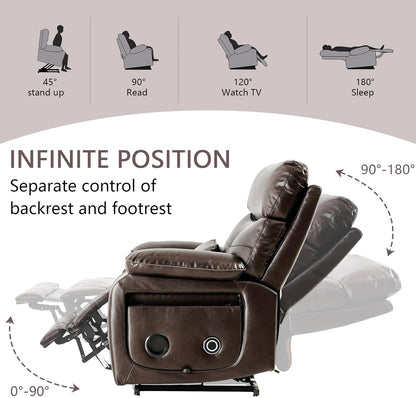 Dual Motor Power Lift Recliner Chair for Adult & Elderly, Infinite Position Lay Flat Lift Chair with Heat & Massage, Cup Holder, Lumbar Pillow, Wireless Charger, USB Ports, Leather (Brown)