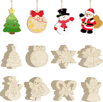80PCS Wooden Christmas Ornaments to Paint, 8 Styles DIY Blank Unfinished Wood Reindeer Santa Claus Christmas Tree Ball Snowman Snowflake Angel Cutouts Ornament for Crafts Winter Hanging Decorations
