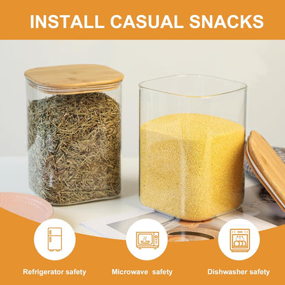 Glass Food Storage Jars 150 Set of 2,Glass Storage Containers Clear Glass Food Canister with Bamboo Lid Airtight For Serving Tea, Coffee, Flour, Sugar, Candy, Cookie, Spice and More (Square)