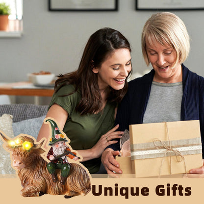 Solar Highland Cow Figurines for Garden with Gnome Playing The Violin 6.7" Resin Garden Gnomes Outdoor Patio Yard Lawn Porch Decor Birthday Housewarming Gifts for Women Mom Grandma Wife Sister Friend