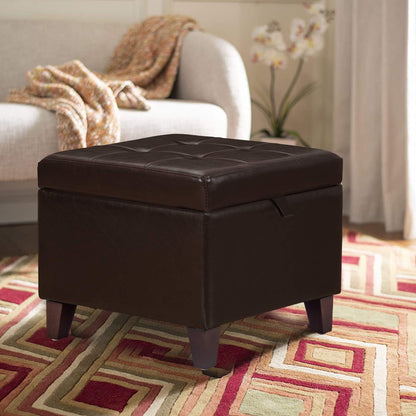 Adeco 15.2" Modern Brown Faux Leather Storage Ottoman with Tufted Flip Top for Living Room, Tufted Accents Rectangular Bench for Foot Rest