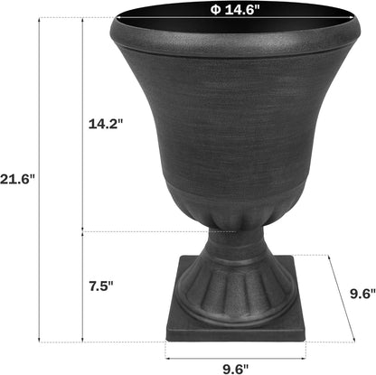 Worth Garden 2-Pack Plastic Urn Planters for Outdoor Plants, 22'' Black Tall Round Classic Resin Traditional Flower Pots - 15 in. Dia. Large Imitation Stone Decorative Pot Patio Deck Front Porch