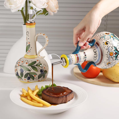 Ceramic Olive Oil Dispenser Bottle 23oz with Handles, Hand Painted Multi-Use Oil Cruet & Flower Vase, Decorative Stoneware Kitchen Cruet with Stainless Steel Spout for Oils, Sauces, Vinegar (C)