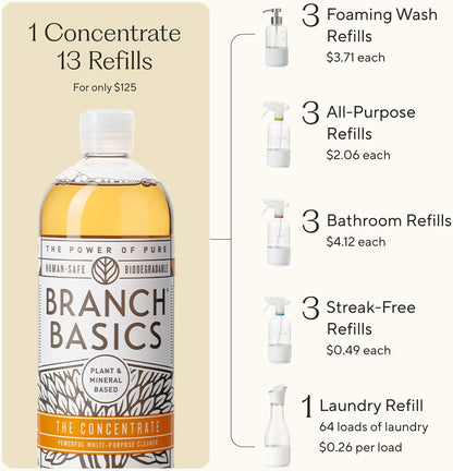 Branch Basics Premium Starter Kit in Glass: All Purpose Cleaner, Glass Cleaner, Bathroom Cleaner, Wash Bottle, and Laundry Bottle (3 Glass Spray Bottles + Concentrate) Fragrance-Free