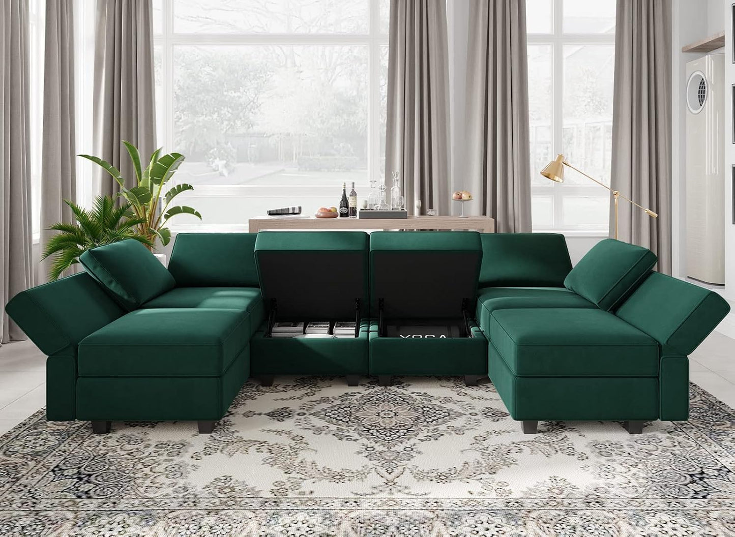 Belffin Modular Sectional Couch U Shaped Sofa with Storage Seat Reversible Sectional Sofa Couch with Chaise Velvet Green