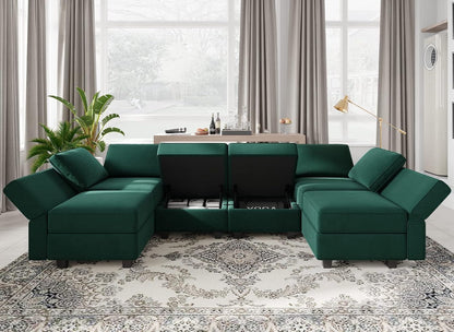 Belffin Modular Sectional Couch U Shaped Sofa with Storage Seat Reversible Sectional Sofa Couch with Chaise Velvet Green