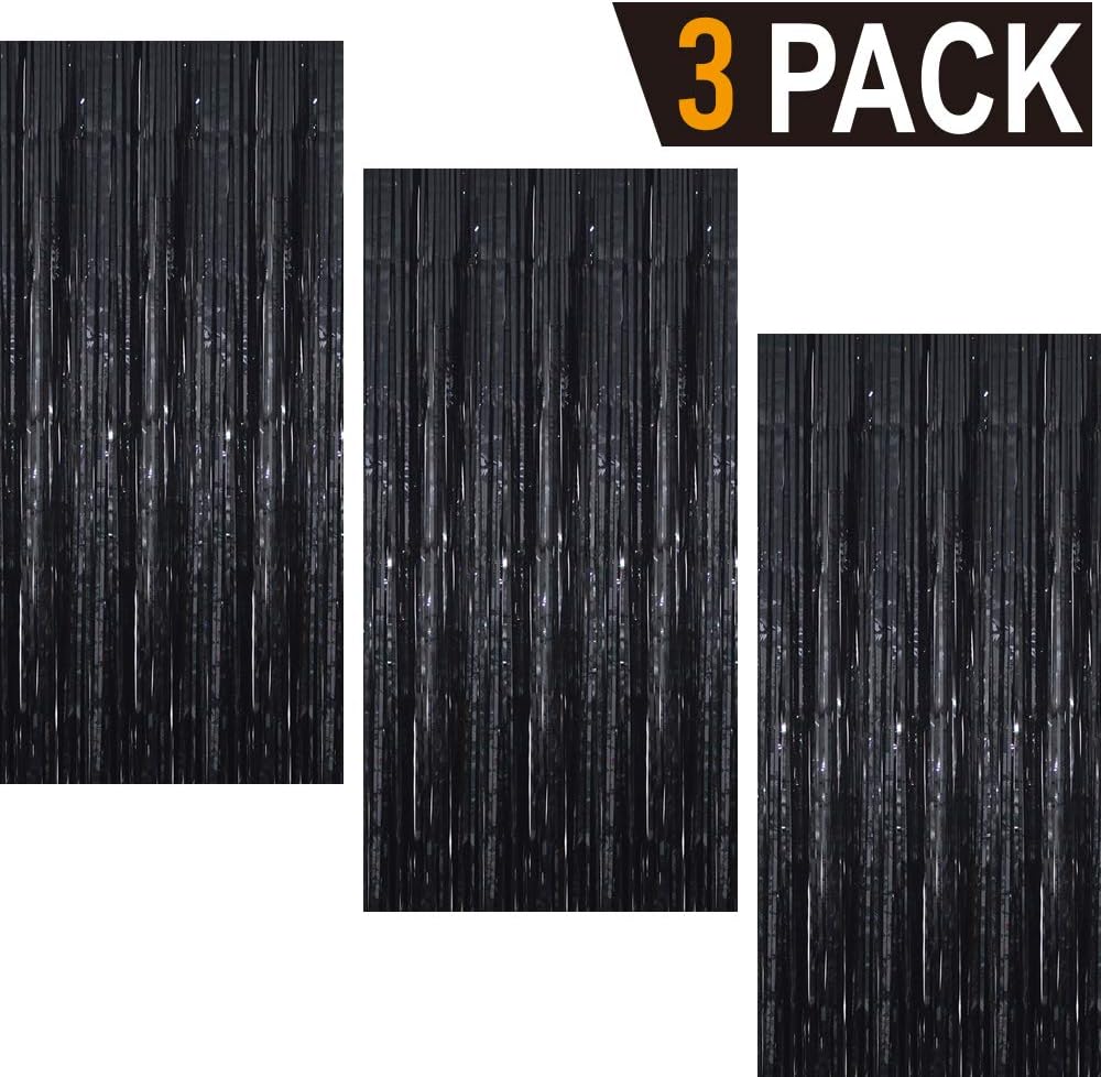 GOER 3.2 ft x 9.8 ft Metallic Tinsel Foil Fringe Curtains Party Photo Backdrop Party Streamers for Halloween,Birthday,Graduation,New Year Eve Decorations Wedding Decor (3 Packs,Black)