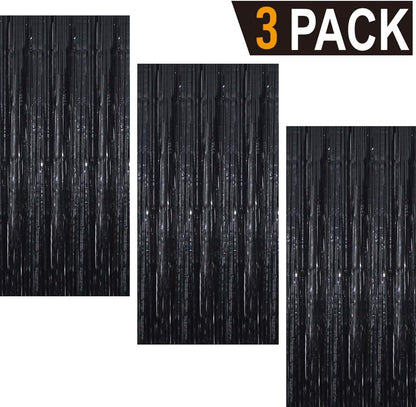 GOER 3.2 ft x 9.8 ft Metallic Tinsel Foil Fringe Curtains Party Photo Backdrop Party Streamers for Halloween,Birthday,Graduation,New Year Eve Decorations Wedding Decor (3 Packs,Black)
