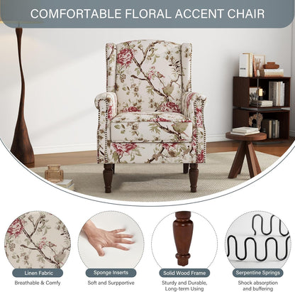 UIXE High Back Accent Chairs Set of 2, Fabric Upholstered Armchair for Living Room, Retro Printed Wingback Arm Chair Rivet Trimed Single Sofa Bedroom Reading Seat - Beige Floral