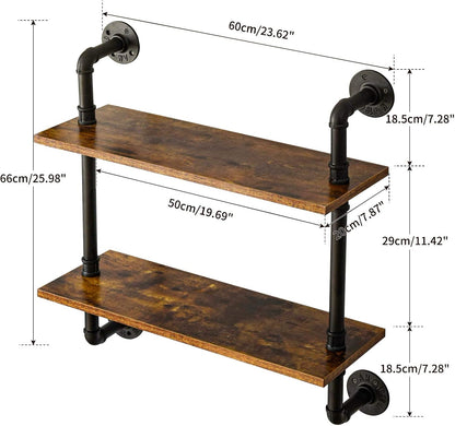 IBUYKE 26" Pipe Floating Shelves,2-Tiers Industrial Pipe Shelves, Rustic Wall Mount Bookshelf,Metal Bracket Storage Wall Shelf for Bedroom, Kitchen, Living Room, Bathroom RF-TM004