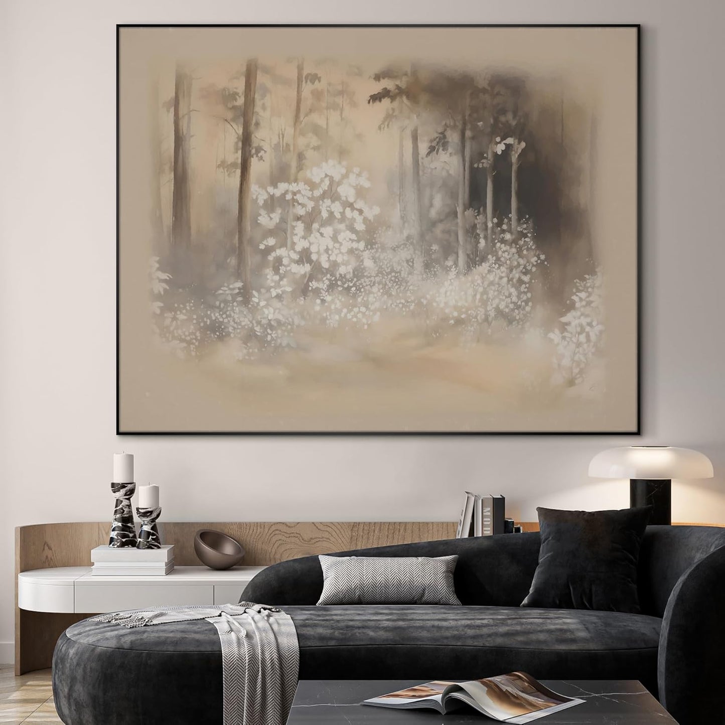 SIGNWIN 46"x60" Extra Large Framed Wall Art Misty Forest in Sepia Tones, Watercolor Woodland Landscape for Home Living Room Bedroom Decor (Frame Assembly Required)