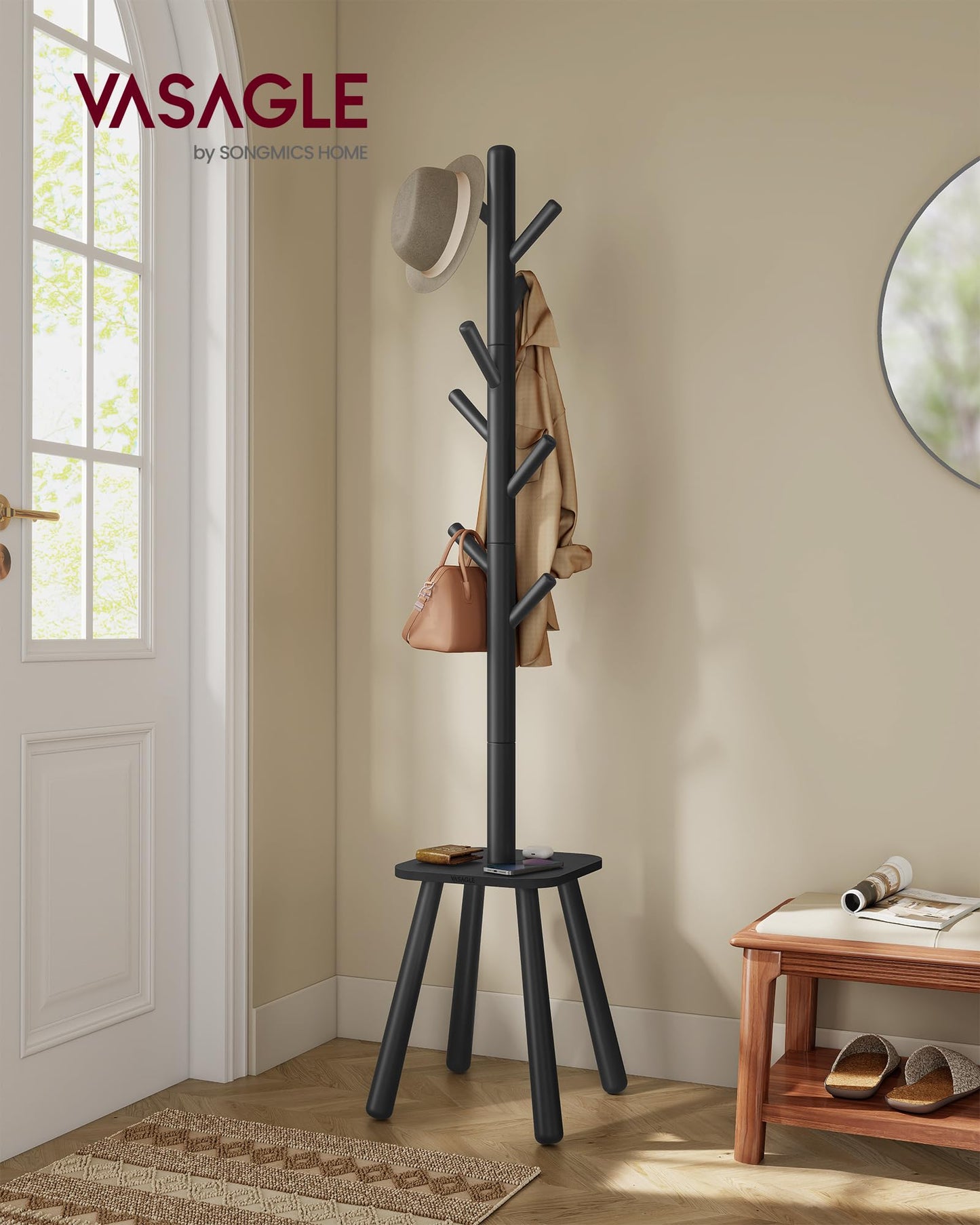 VASAGLE Coat Rack, Free Standing Coat Stand, Hall Coat Tree with 8 Hooks and Storage Shelf, 69.2