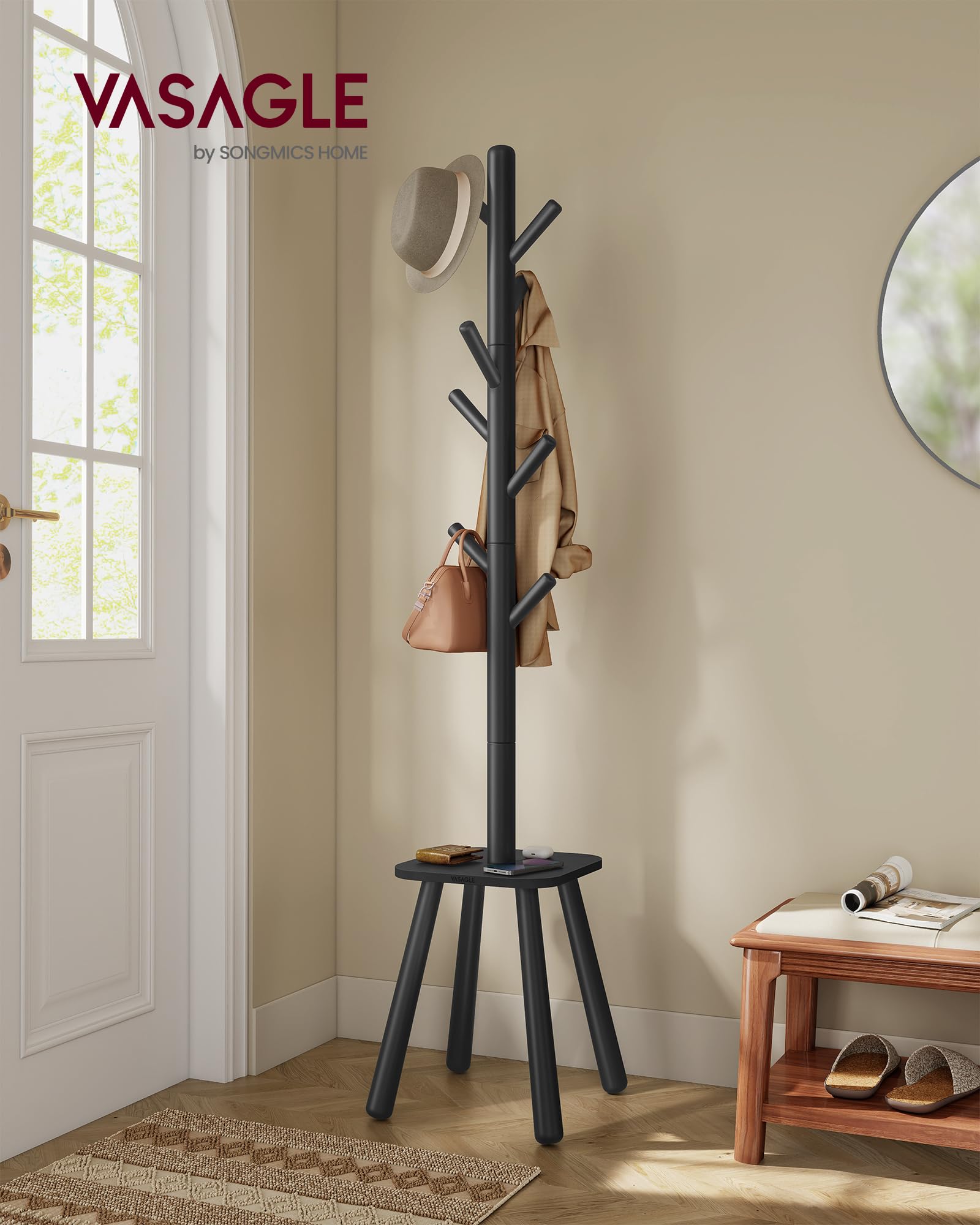 VASAGLE Coat Rack, Free Standing Coat Stand, Hall Coat Tree with 8 Hooks and Storage Shelf, 69.2