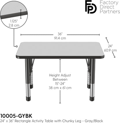 FDP Rectangle Activity School and Classroom Kids Table (24 x 36 inch), Chunky Toddler Leg, Adjustable Height 15-24 inches - Gray Top and Black Edge