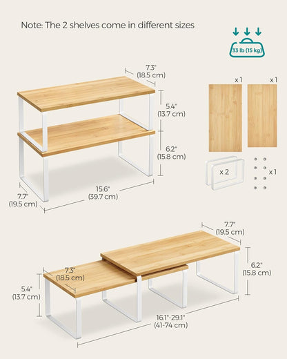 SONGMICS Cabinet Organizer Shelf, Set of 2 Kitchen Counter Shelves, Kitchen Storage, Spice Rack, Stackable, Expandable, Metal and Engineered Wood, Cloud White and Natural Beige UKCS200W01