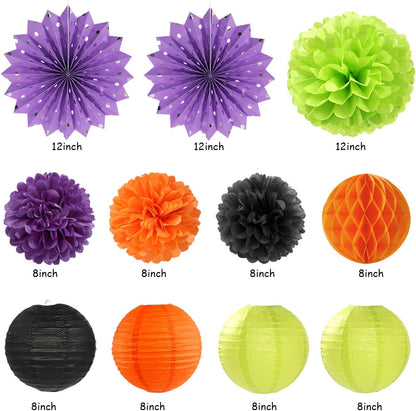 Black-Green Orange-Purple Halloween Birthday Party-Decorations - 21pcs Happy Banner,Paper Lanterns Honeycomb,Tissue Pom Poms Flower Fan,Kids Classroom Hanging Streamers Garland Decor Supplies Huglony