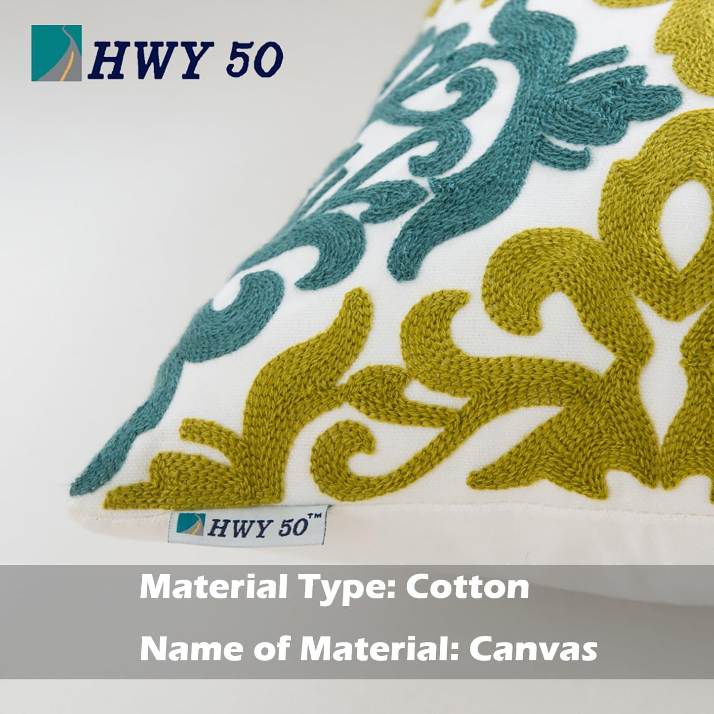 HWY 50 Decorative Throw Pillow Covers 18x18 Inch (1 Piece), Embroidered Cotton Farmhouse Cushion Cover Pillow Case for Sofa Couch Living Room Bed Bedroon, Blue and Green Floral Geometric