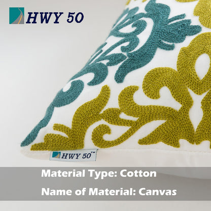 HWY 50 Decorative Throw Pillow Covers 18x18 Inch (1 Piece), Embroidered Cotton Farmhouse Cushion Cover Pillow Case for Sofa Couch Living Room Bed Bedroon, Blue and Green Floral Geometric