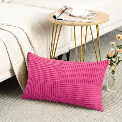 Fancy Homi 2 Packs Hot Pink Lumbar Decorative Throw Pillow Covers 12x20 Inch for Living Room Couch Bed Sofa, Rustic Farmhouse Boho Home Decor, Soft Striped Corduroy Rectangle Accent Cushion Case
