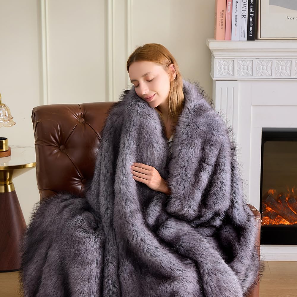 Fluffy Faux Fur Throw Blanket – Super Soft Warm Thick Plush Blanket for Bed, Couch & Office, Cozy Fuzzy Throw with Flannel Backing,50"x60", Grey