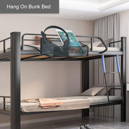 Bedside Caddy Hanging Storage Basket Beside Shelf Metal Organizer for Collage Dorm Bunk Bed,Hospital Bed,Baby Bed - Bedroom Essentials for Magazine,Remote Control,Phone,Drinks (White)