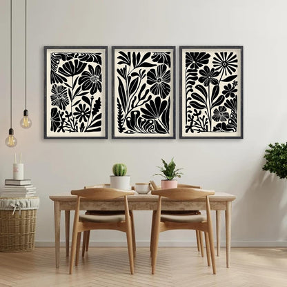 Abstract Floral Botanical Wall Art 16x24 Inch 3 Piece Black Vintage Boho Plant Flower Minimalist Wood Frame Sign Home Living Room Family Office Mid Century Print Wall Hanging Decor (Black)