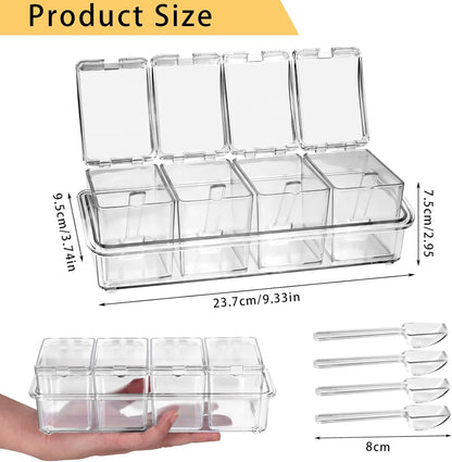 4-Cell Clear Seasoning Rack Spice Box, Storage Container Condiment Jars Acrylic Seasoning Box with Cover and Spoon (Basic Clear)