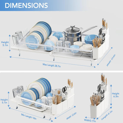 ROTTOGOON Expandable Dish Drying Rack,Multifunctional Adjustable Dish Drainer with Swivel Spout and Anti-Rust Dish Rack with Removable Cutlery & Cup Holders for Kitchen Counter,White