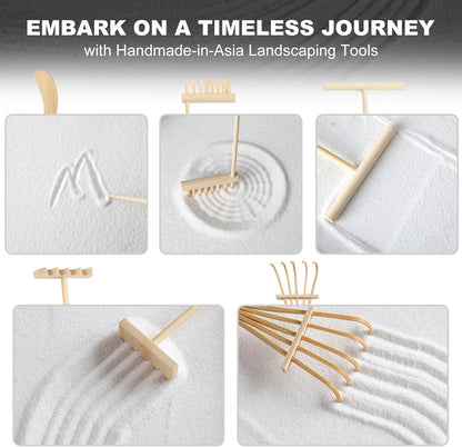 Zen Garden Kit for Desk Decor - Premium Beautiful Japanese Mini Zen Sand Garden Box Set for Home, Office with Black Wooden Tray, White Sand, Tools, Sandball - Desktop Meditation, Accessories